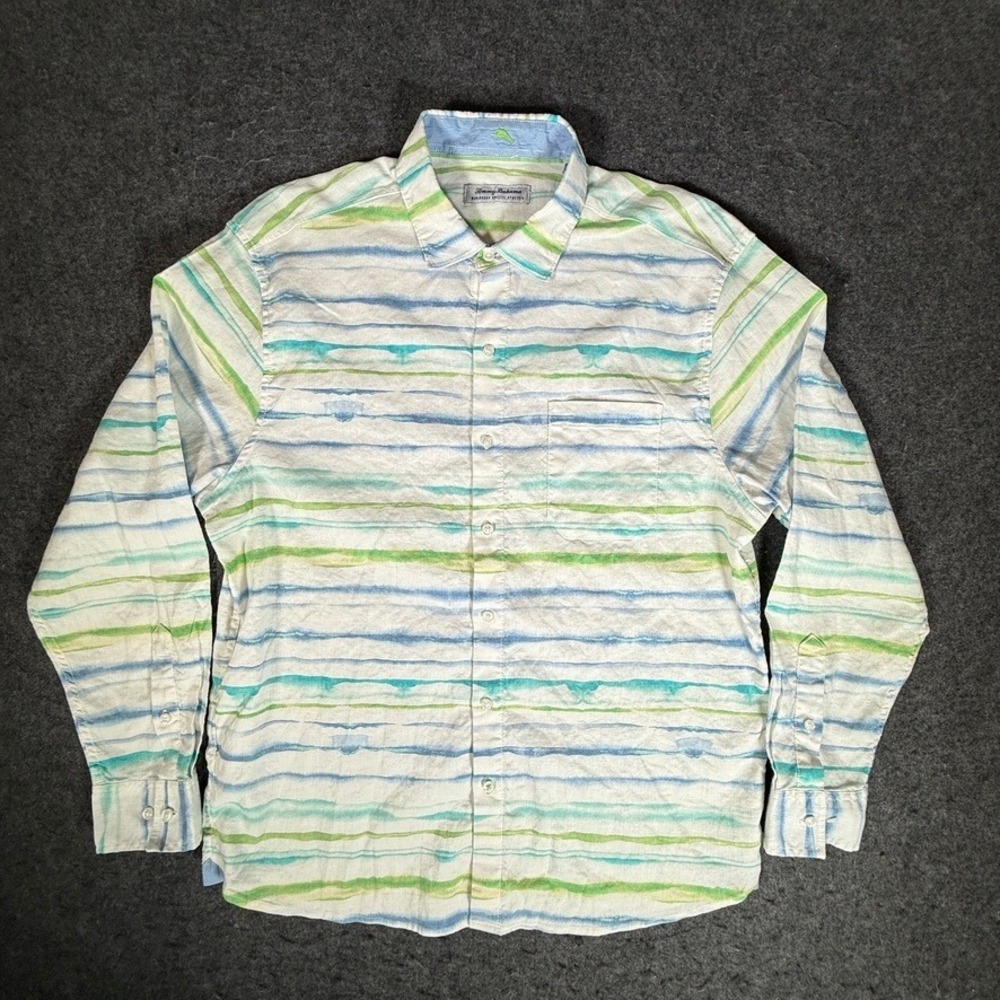Tommy Bahama Barbados Breeze Stretch Linen Shirt Mens Large Blue Green Striped
